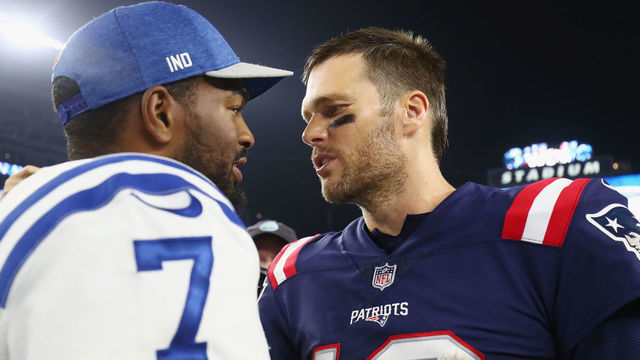 FOXBOROUGH, MA - OCTOBER 04: Tom Brady #12 of the New England Patriots shakes hands with Jacoby Brissett #7 of the Indianapolis Colts after the Patriots defeated the Colts 38-24 at Gillette Stadium on October 4, 2018 in Foxborough, Massachusetts.