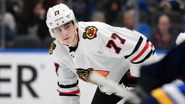 ST. LOUIS, MO - FEBRUARY 25: Chicago Blackhawks center Kirby Dach (77) during an NHL game between the Chicago Blackhawks and the St. Louis Blues, on February 25, 2020, at Enterprise Center, St. Louis, MO. Photo by Keith Gillett/Icon Sportswire via Getty Images)