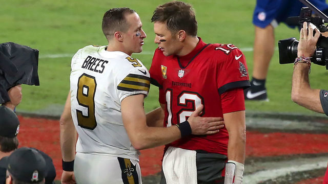 TAMPA, FL - NOVEMBER 08: Two of the greatest quarterbacks in NFL history Drew Brees (9) of the Saints and Tom Brady (12) of the Buccaneers share a few words of encouragement after the regular season game between the New Orleans Saints and the Tampa Bay Buccaneers on November 08, 2020 at Raymond James Stadium in Tampa, Florida.
