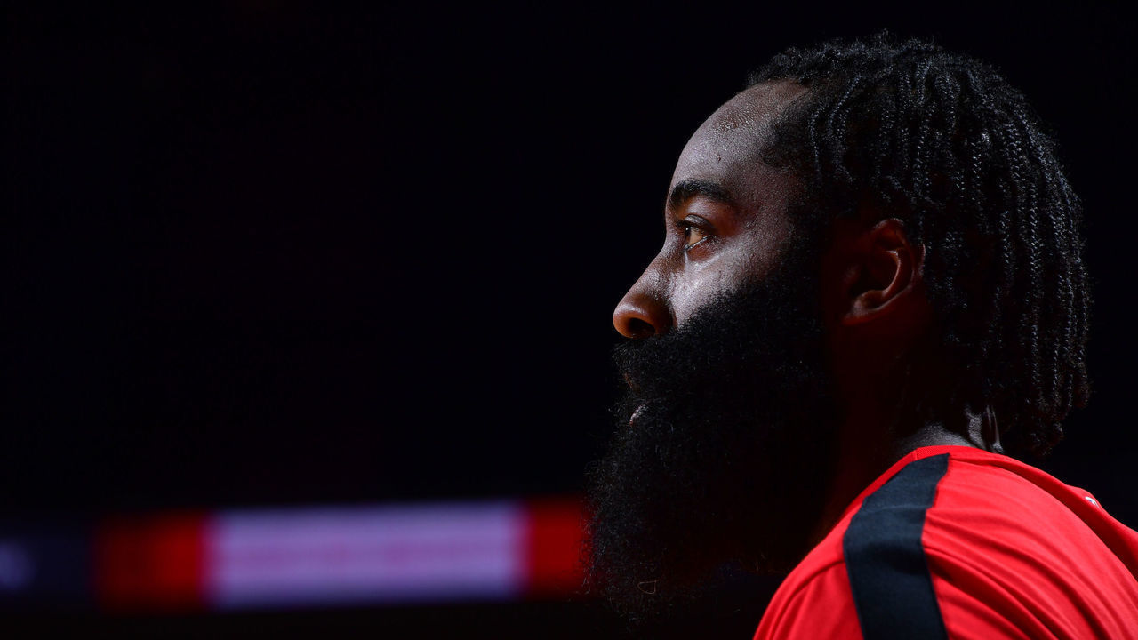 HOUSTON, TX - DECEMBER 17: James Harden #13 of the Houston Rockets looks on in the game against the San Antonio Spurs on December 17, 2020 at the Toyota Center in Houston, Texas. Mandatory Copyright Notice: Copyright 2020 NBAE