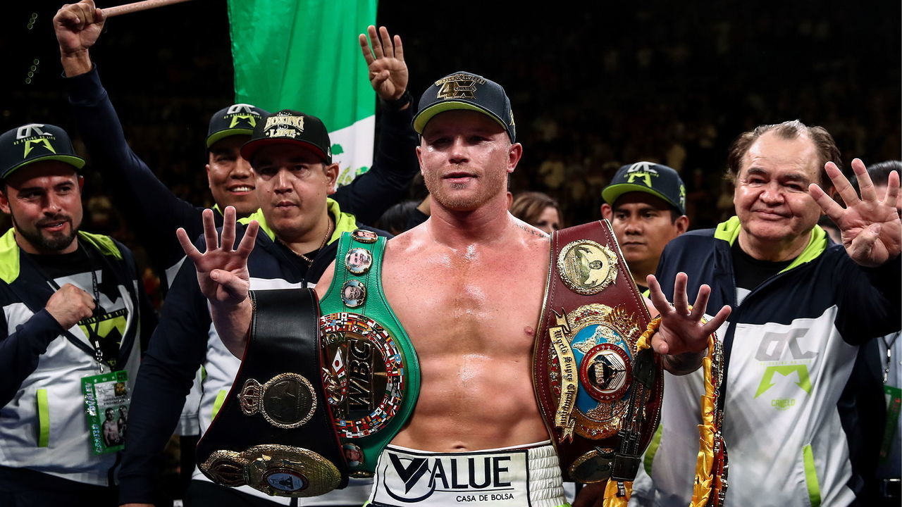LAS VEGAS, NEVADA, UNITED STATES NOVEMBER 2, 2019: Mexican boxer Saul «Canelo» Alvarez (C), WBA Super title holder, celebrates winning his WBO light heavyweight title bout against Russian rival Sergey Kovalev at MGM Grand Garden Arena in Las Vegas. Valery Sharifulin/TASS