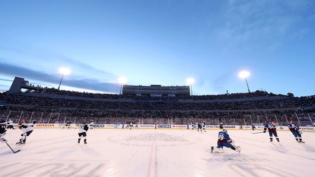 COLORADO SPRINGS, COLORADO - FEBRUARY 15: Members of the Colorado Avalanche and the Los Angeles Kings warm up prior to the game at Falcon Stadium on February 15, 2020 in Colorado Springs, Colorado.