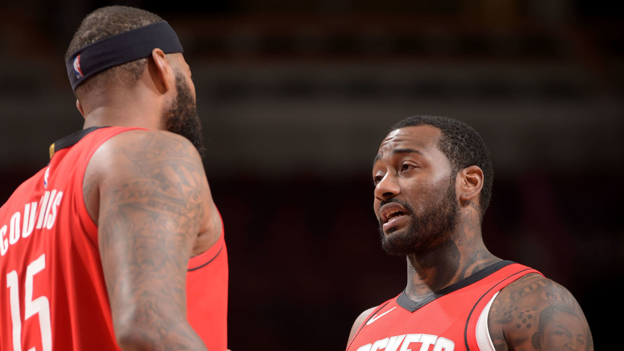 CHICAGO, IL - DECEMBER 13: John Wall #1 of the Houston Rockets talks with DeMarcus Cousins #15 during the game against the Chicago Bulls during a preseason game at the United Center on December 13, 2020 in Chicago, Illinois. NOTE TO USER: User expressly acknowledges and agrees that, by downloading and/or using this Photograph, user is consenting to the terms and conditions of the Getty Images License Agreement. Mandatory Copyright Notice: Copyright 2020 NBAE