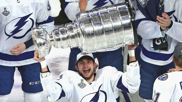 EDMONTON, ALBERTA - SEPTEMBER 28: Anthony Cirelli #71 of the Tampa Bay Lightning skates with the Stanley Cup following the series-winning victory over the Dallas Stars in Game Six of the 2020 NHL Stanley Cup Final at Rogers Place on September 28, 2020 in Edmonton, Alberta, Canada.