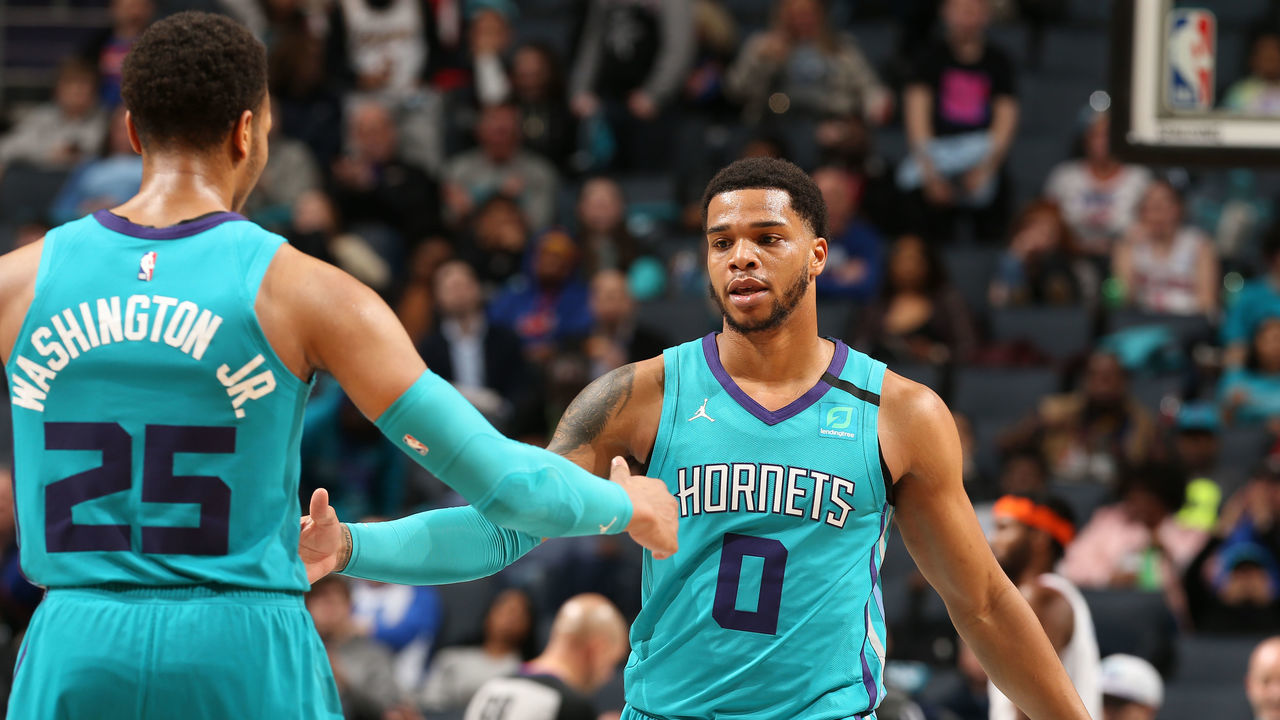 CHARLOTTE, NC - FEBRUARY 26: PJ Washington #25 and Miles Bridges #0 of the Charlotte Hornets hi-five during the game against the New York Knicks on February 26, 2020 at Spectrum Center in Charlotte, North Carolina. Mandatory Copyright Notice: Copyright 2020 NBAE