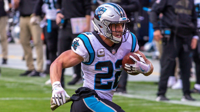 KANSAS CITY, MO - NOVEMBER 08: Carolina Panthers running back Christian McCaffrey (22) heads up field after a reception during the second half against the Kansas City Chiefs at Arrowhead Stadium in Kansas City, Missouri.