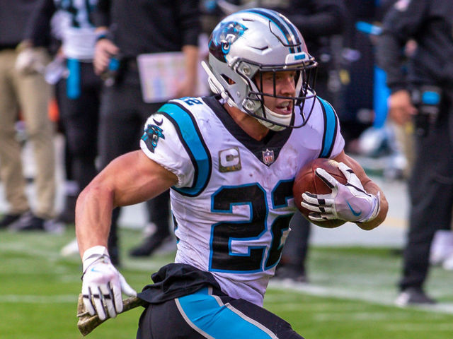 KANSAS CITY, MO - NOVEMBER 08: Carolina Panthers running back Christian McCaffrey (22) heads up field after a reception during the second half against the Kansas City Chiefs at Arrowhead Stadium in Kansas City, Missouri.