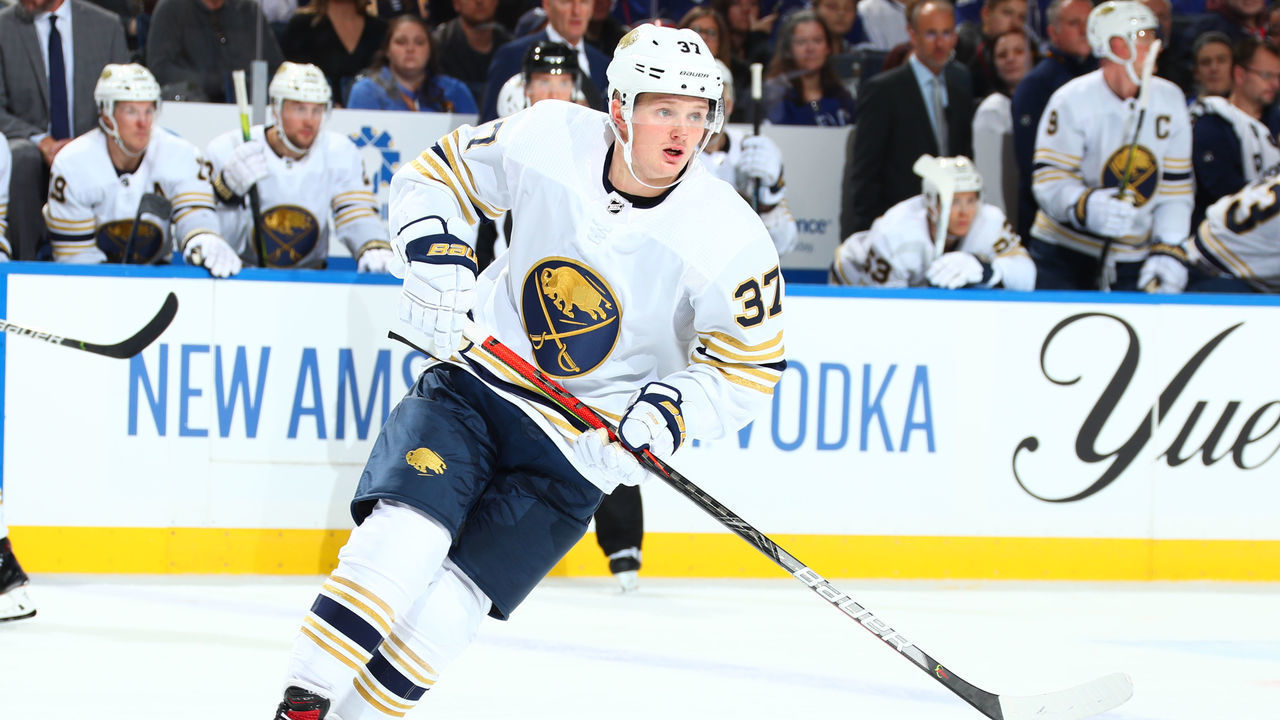 BUFFALO, NY - NOVEMBER 27: Casey Mittelstadt #37 of the Buffalo Sabres skates during an NHL game against the Toronto Maple Leafs on November 27, 2019 at KeyBank Center in Buffalo, New York.