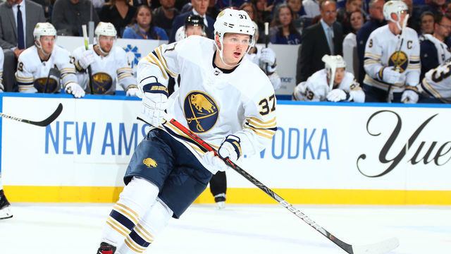 BUFFALO, NY - NOVEMBER 27: Casey Mittelstadt #37 of the Buffalo Sabres skates during an NHL game against the Toronto Maple Leafs on November 27, 2019 at KeyBank Center in Buffalo, New York.