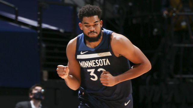 MINNEAPOLIS, MN - DECEMBER 23: Karl-Anthony Towns #32 of the Minnesota Timberwolves pumps his first during the game against the Detroit Pistons on December 23, 2020 at Target Center in Minneapolis, Minnesota. Mandatory Copyright Notice: Copyright 2020 NBAE