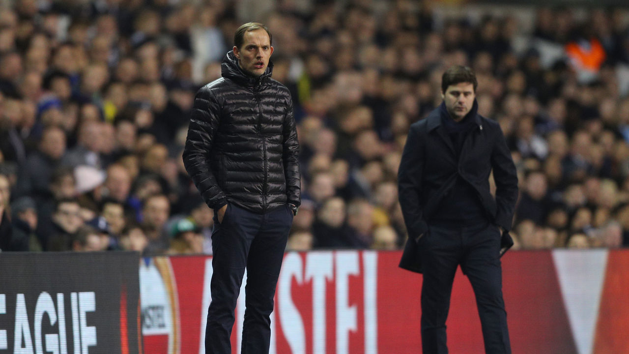 LONDON, ENGLAND - MARCH 17: Thomas Tuchel manager of Borussia Dortmund and Mauricio Pochettino manager of Tottenham Hotspur look on during the UEFA Europa League round of 16, second leg match between Tottenham Hotspur and Borussia Dortmund at White Hart Lane on March 17, 2016 in London, England.
