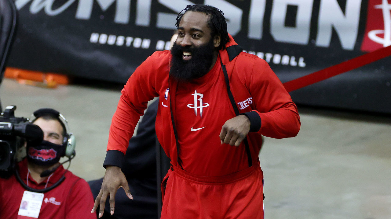 HOUSTON, TEXAS - DECEMBER 17: James Harden #13 of the Houston Rockets reacts during the fourth quarter of a game against the San Antonio Spurs at the Toyota Center on December 17, 2020 in Houston, Texas.