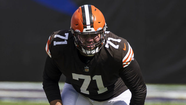 BALTIMORE, MD - SEPTEMBER 13: Jedrick Wills Jr. #71 of the Cleveland Browns lines up against Tyus Bowser #54 of the Baltimore Ravens during the second half at M&T Bank Stadium on September 13, 2020 in Baltimore, Maryland.