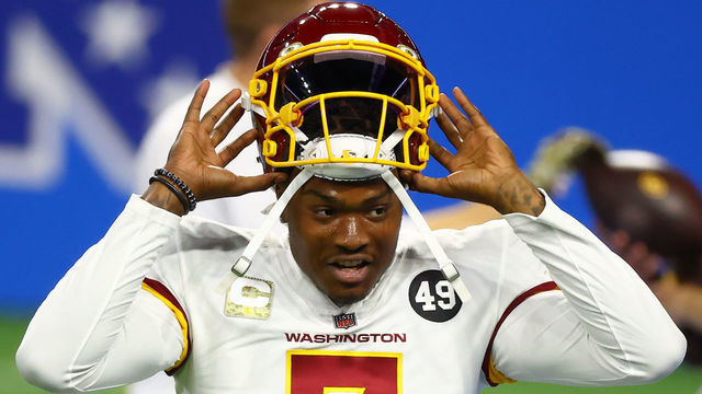 DETROIT, MICHIGAN - NOVEMBER 15: Dwayne Haskins #7 of the Washington Football Team looks on prior to their game against the Detroit Lions at Ford Field on November 15, 2020 in Detroit, Michigan.