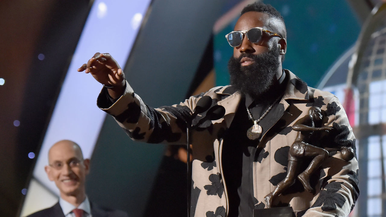 SANTA MONICA, CA - JUNE 25: MVP winner James Harden speaks onstage at the 2018 NBA Awards at Barkar Hangar on June 25, 2018 in Santa Monica, California.