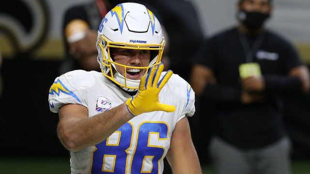 NEW ORLEANS, LOUISIANA - OCTOBER 12: Hunter Henry #86 of the Los Angeles Chargers celebrates after a three-yard touchdown against the New Orleans Saints during their NFL game at Mercedes-Benz Superdome on October 12, 2020 in New Orleans, Louisiana.