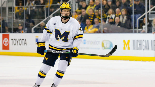 ANN ARBOR, MI - FEBRUARY 01: Michigan Wolverines defenseman Cam York (4) skates during a regular season Big 10 Conference hockey game between the Ohio State Buckeyes and Michigan Wolverines on February 1, 2020 at Yost Ice Arena in Ann Arbor, Michigan.
