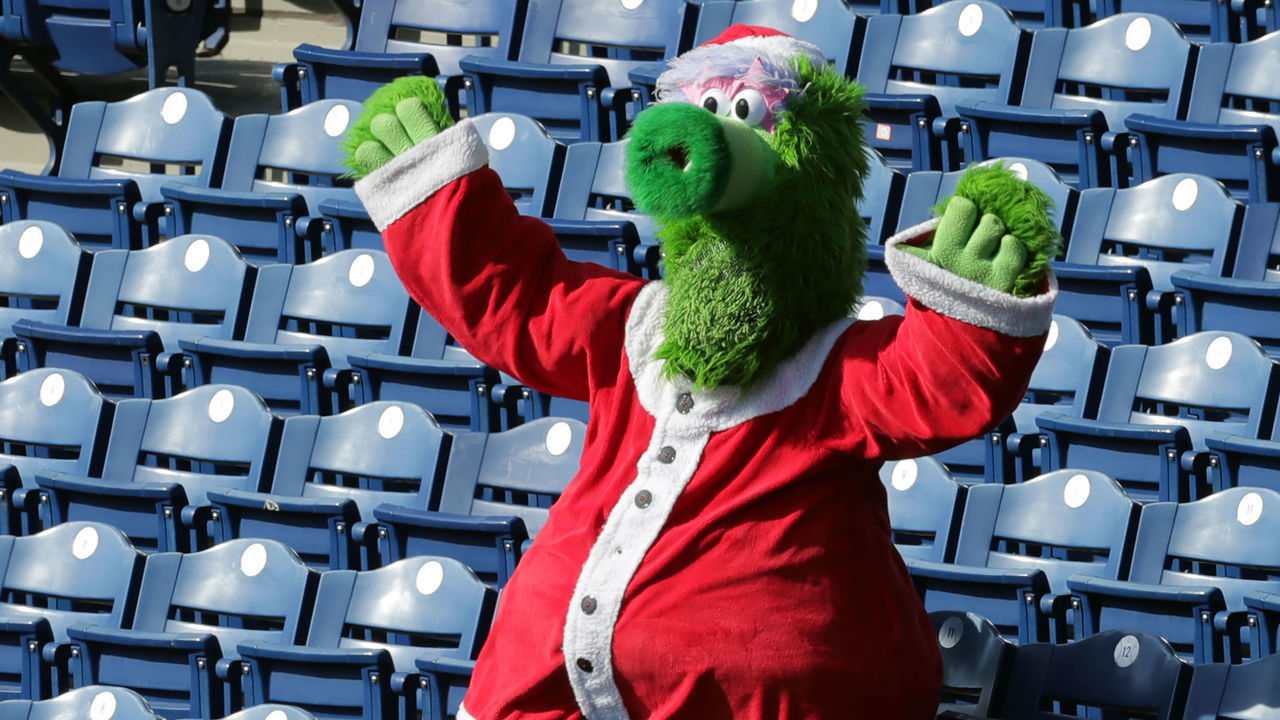 PHILADELPHIA, PA - JULY 25: The Phillie Phanatic performs in an empty stadium during a game between the Philadelphia Phillies and the Miami Marlins at Citizens Bank Park on July 25, 2020 in Philadelphia, Pennsylvania. The 2020 season had been postponed since March due to the COVID-19 pandemic. The Phillies won 7-1.