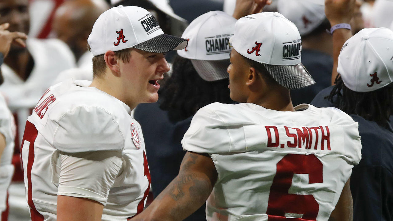ATLANTA, GA - DECEMBER 19: Quarterback Mac Jones #10 celebrates the victory with wide receiver DeVonta Smith #6 of the Alabama Crimson Tide at the conclusion of the game against the Florida Gators during the SEC Championship game at Mercedes-Benz Stadium on December 19, 2020 in Atlanta, Georgia.