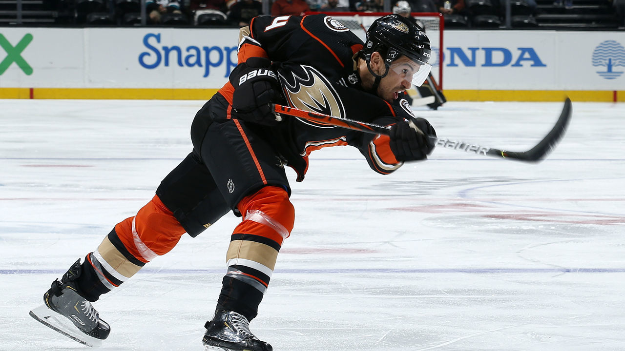 ANAHEIM, CA - JANUARY 7: Michael Del Zotto #44 of the Anaheim Ducks releases a shot during the game against the Columbus Blue Jackets at Honda Center on January 7, 2020 in Anaheim, California.