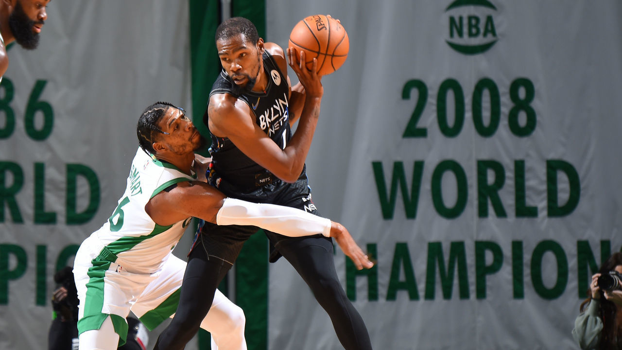BOSTON, MA - DECEMBER 25: Kevin Durant #7 of the Brooklyn Nets handles the ball against the Boston Celtics during a game on December 25, 2020 at the TD Garden in Boston, Massachusetts. Mandatory Copyright Notice: Copyright 2020 NBAE