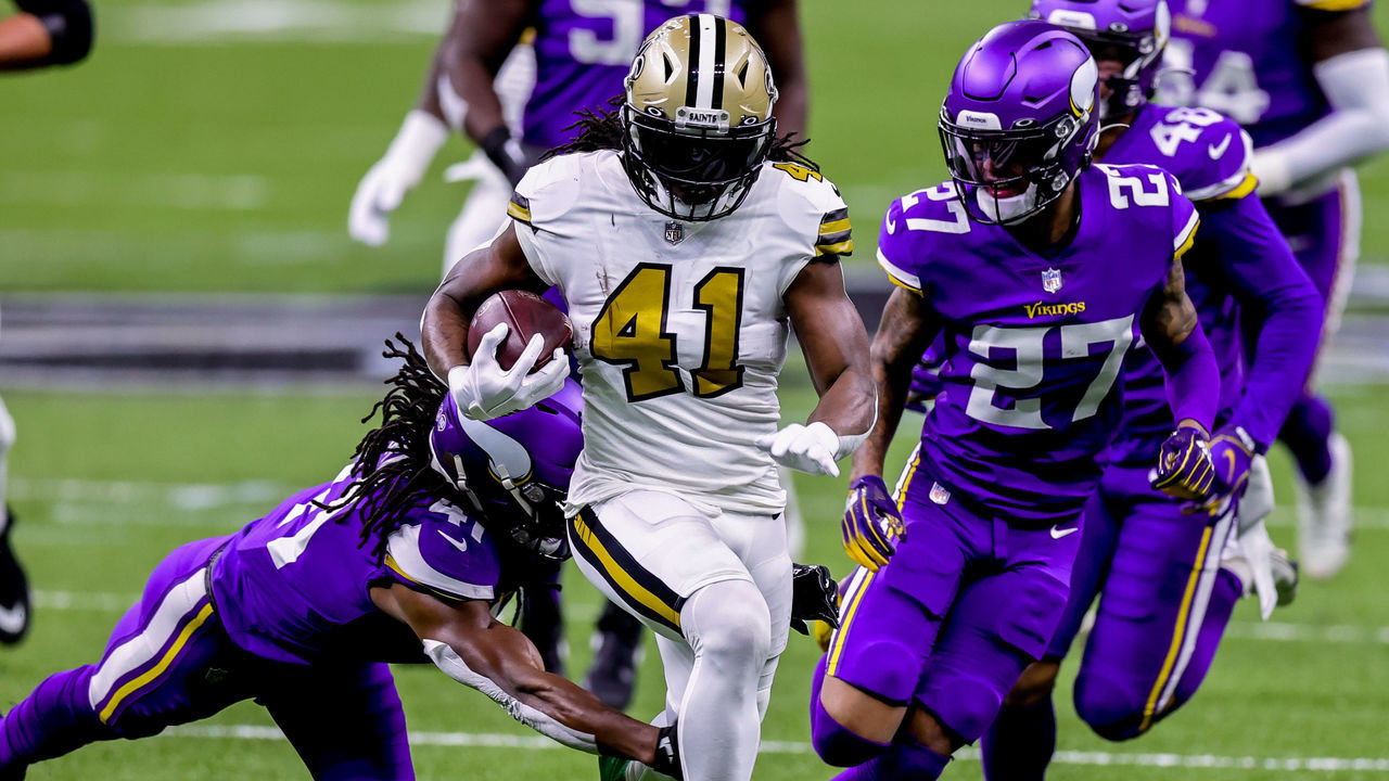 NEW ORLEANS, LA - DECEMBER 25: Minnesota Vikings cornerback Cameron Dantzler (27) chases down New Orleans Saints running back Alvin Kamara (41) for a tackle on December 25, 2020 at the Mercedes-Benz Superdome in New Orleans, LA.