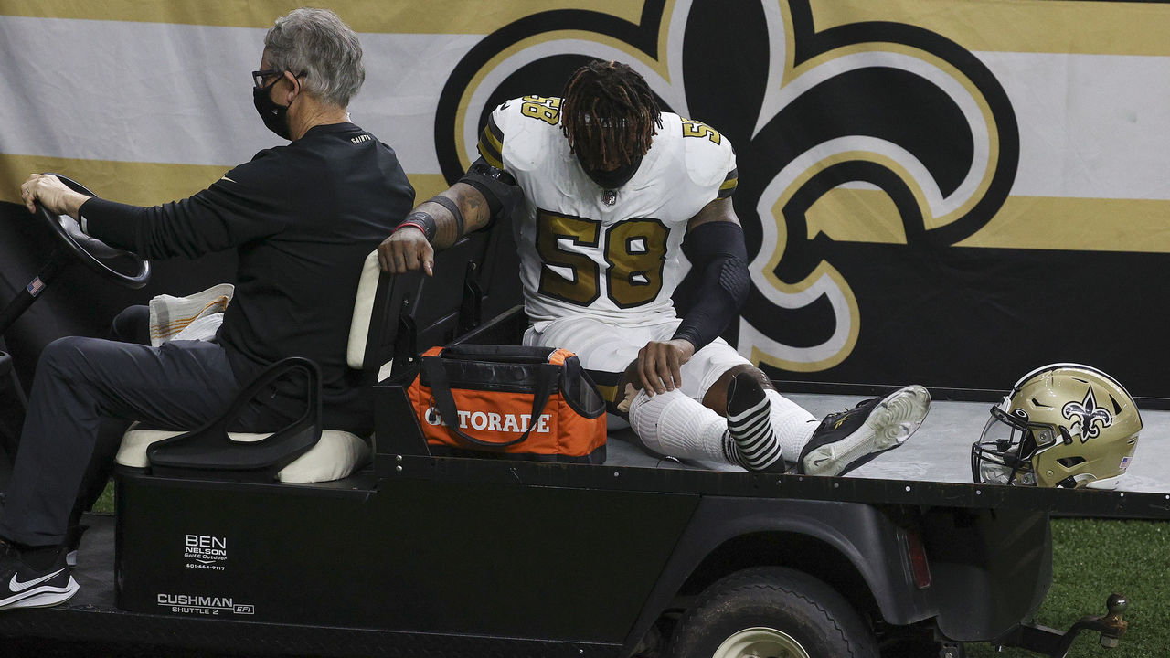NEW ORLEANS, LOUISIANA - DECEMBER 25: Kwon Alexander #58 of the New Orleans Saints is carted off the field following an injury during the third quarter against the Minnesota Vikings at Mercedes-Benz Superdome on December 25, 2020 in New Orleans, Louisiana.