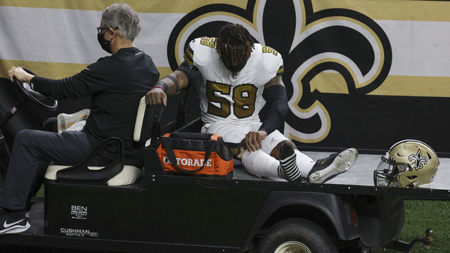 NEW ORLEANS, LOUISIANA - DECEMBER 25: Kwon Alexander #58 of the New Orleans Saints is carted off the field following an injury during the third quarter against the Minnesota Vikings at Mercedes-Benz Superdome on December 25, 2020 in New Orleans, Louisiana.