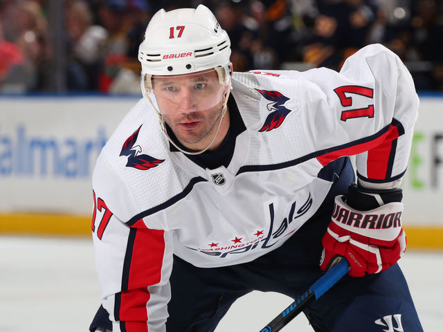 BUFFALO, NY - MARCH 9: Ilya Kovalchuk #17 of the Washington Capitals prepares for a faceoff during an NHL game against the Buffalo Sabres on March 9, 2020 at KeyBank Center in Buffalo, New York.