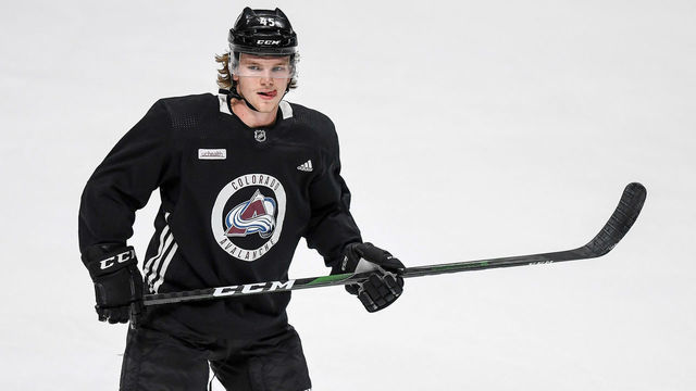 DENVER, CO - JULY 13: Colorado Avalanche defenseman Bowen Byram (45) skates during a training session at the Pepsi Center in Denver, Colorado on July 13, 2020.