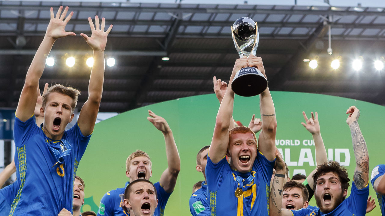 LODZ, POLAND - JUNE 15: Players of Ukraine celebrate after winning the 2019 FIFA U-20 World Cup Final between Ukraine and Korea Republic at Lodz Stadium on June 15, 2019 in Lodz, Poland.