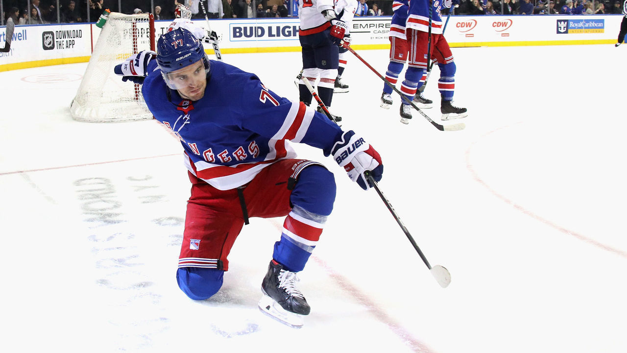 NEW YORK, NEW YORK - MARCH 05: Tony DeAngelo #77 of the New York Rangers celebrates his goal at 14:42 of the second period against the Washington Capitals at Madison Square Garden on March 05, 2020 in New York City.