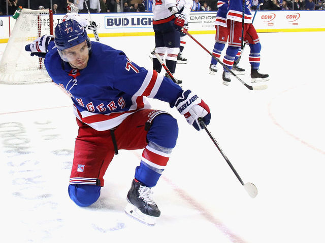 NEW YORK, NEW YORK - MARCH 05: Tony DeAngelo #77 of the New York Rangers celebrates his goal at 14:42 of the second period against the Washington Capitals at Madison Square Garden on March 05, 2020 in New York City.