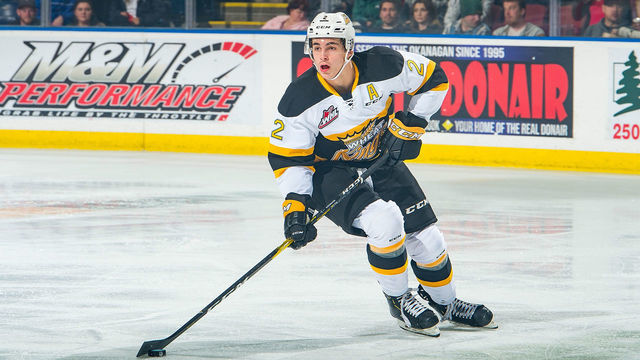 KELOWNA, BC - NOVEMBER 03: Braden Schneider #2 of the Brandon Wheat Kings skates with the puck against the Kelowna Rockets at Prospera Place on November 3, 2018 in Kelowna, Canada.