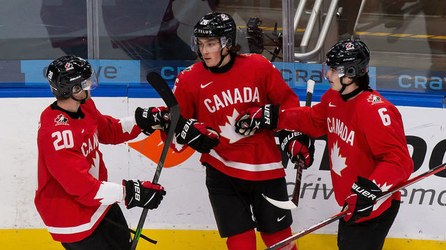 EDMONTON, AB - DECEMBER 26: Dawson Mercer #20, Philip Tomasino #26 and Jamie Drysdale #6 of Canada celebrate a goal against Germany during the 2021 IIHF World Junior Championship at Rogers Place on December 26, 2020 in Edmonton, Canada.