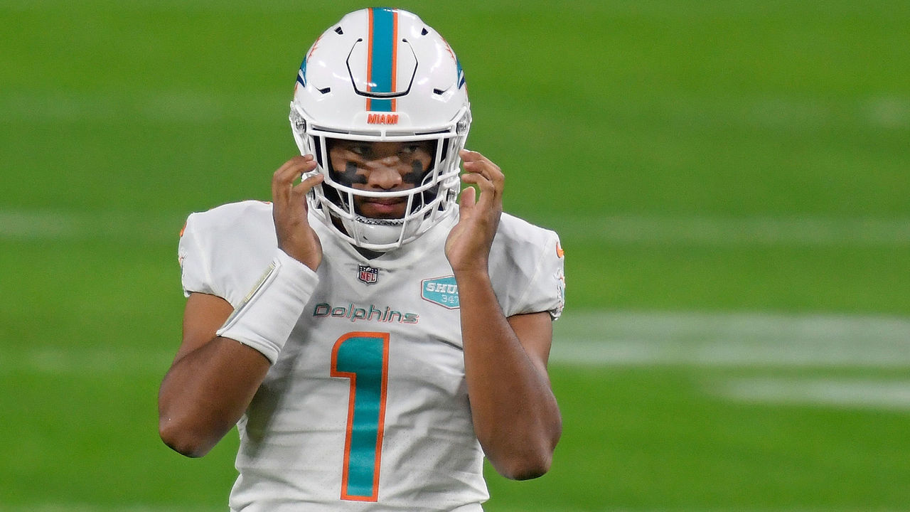 LAS VEGAS, NEVADA - DECEMBER 26: Tua Tagovailoa #1 of the Miami Dolphins participates in warmups prior to a game against the Las Vegas Raiders at Allegiant Stadium on December 26, 2020 in Las Vegas, Nevada.