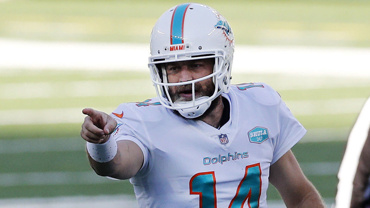 EAST RUTHERFORD, NEW JERSEY - NOVEMBER 29: (NEW YORK DAILIES OUT) Ryan Fitzpatrick #14 of the Miami Dolphins in action against the New York Jets at MetLife Stadium on November 29, 2020 in East Rutherford, New Jersey. The Dolphins defeated the Jets 20-3.