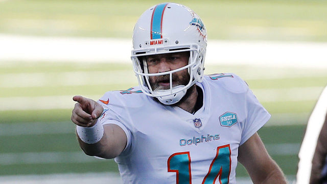 EAST RUTHERFORD, NEW JERSEY - NOVEMBER 29: (NEW YORK DAILIES OUT) Ryan Fitzpatrick #14 of the Miami Dolphins in action against the New York Jets at MetLife Stadium on November 29, 2020 in East Rutherford, New Jersey. The Dolphins defeated the Jets 20-3.
