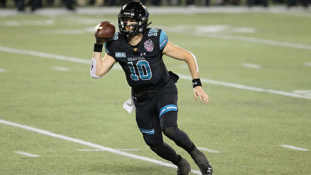 ORLANDO, FL - DECEMBER 26: Coastal Carolina Chanticleers quarterback Grayson McCall (10) runs with the ball during the FBC Mortgage Cure Bowl game between the Liberty Flames and the Coastal Carolina Chanticleers on December 26, 2020 at Camping World Stadium in Orlando, Fl.