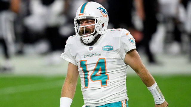 LAS VEGAS, NEVADA - DECEMBER 26: Ryan Fitzpatrick #14 of the Miami Dolphins reacts to a touchdown pass during the fourth quarter of a game against the Las Vegas Raiders at Allegiant Stadium on December 26, 2020 in Las Vegas, Nevada.