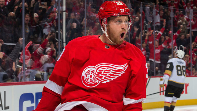 DETROIT, MI - NOVEMBER 10: Anthony Mantha #39 of the Detroit Red Wings celebrates his third period goal during an NHL game against the Vegas Golden Knights at Little Caesars Arena on November 10, 2019 in Detroit, Michigan. Detroit defeated Las 3-2.