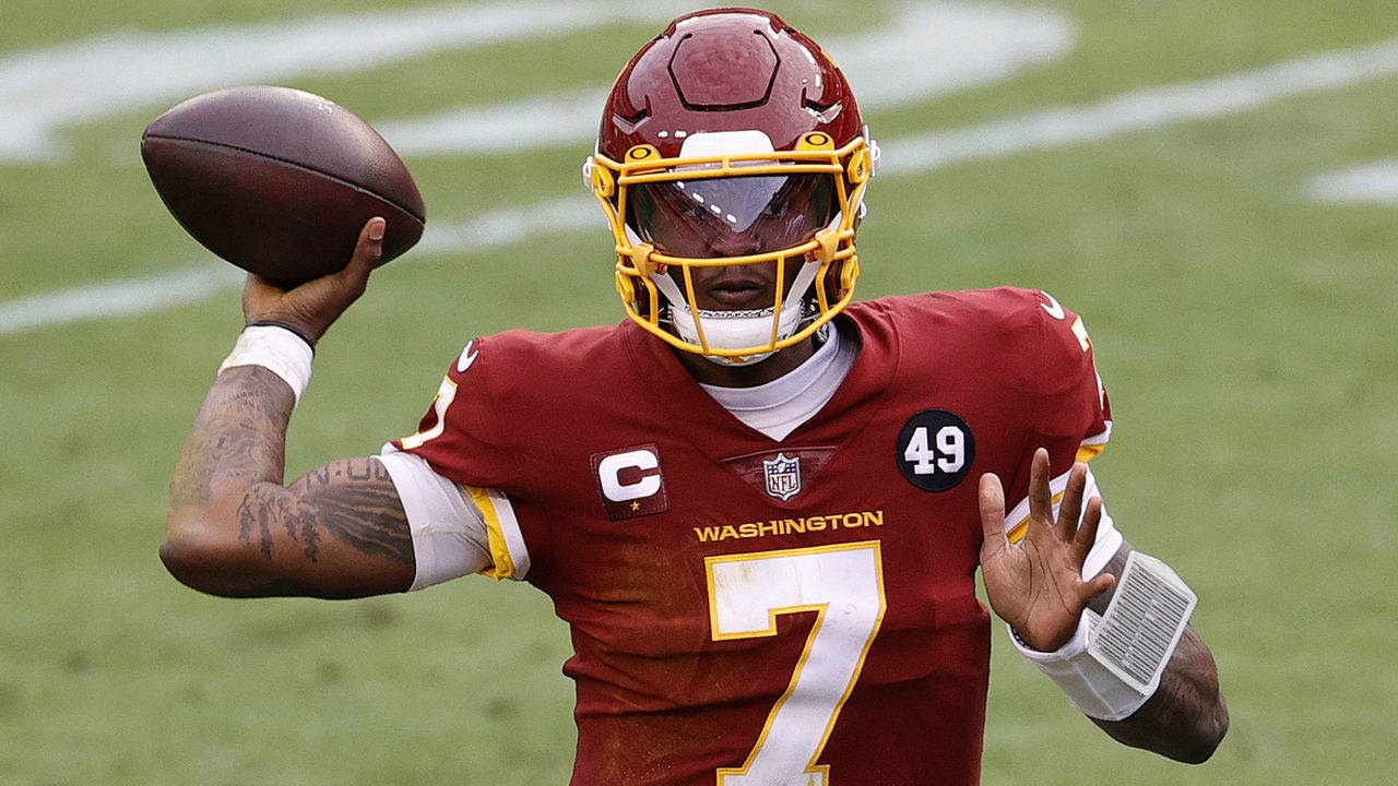 LANDOVER, MARYLAND - DECEMBER 20: Dwayne Haskins Jr. #7 of the Washington Football Team attempts a pass against the Seattle Seahawks at FedExField on December 20, 2020 in Landover, Maryland.