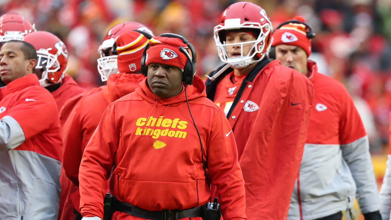 KANSAS CITY, MO - DECEMBER 01: Kansas City Chiefs offensive coordinator Eric Bieniemy and quarterback Patrick Mahomes (15) stand on the sideline during an AFC West game between the Oakland Raiders and Kansas City Chiefs on December 1, 2019 at Arrowhead Stadium in Kansas City, MO.