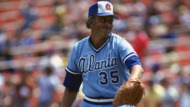 NEW YORK - CIRCA 1983: Pitcher Phil Niekro #35 of the Atlanta Braves pitches against the New York Mets during an Major League Baseball game circa 1983 at Shea Stadium in the Queens borough of New York City. Niekro played for the Braves from 1964-83 and 1987.