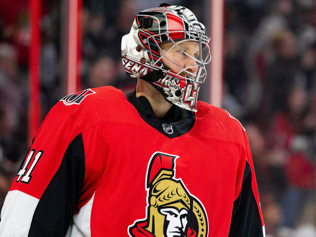 OTTAWA, ON - FEBRUARY 15: Ottawa Senators Goalie Craig Anderson (41) after a whistle during second period National Hockey League action between the Toronto Maple Leafs and Ottawa Senators on February 15, 2020, at Canadian Tire Centre in Ottawa, ON, Canada.