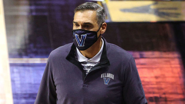 UNCASVILLE, CONNECTICUT - NOVEMBER 25: Head coach Jay Wright of the Villanova Wildcats disputes a call in the first half against the Boston College Eagles during the 2K Empire Classic at Mohegan Sun Arena on November 25, 2020 in Uncasville, Connecticut.