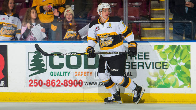 KELOWNA, BC - NOVEMBER 03: Braden Schneider #2 of the Brandon Wheat Kings warms up against the Kelowna Rockets at Prospera Place on November 3, 2018 in Kelowna, Canada.