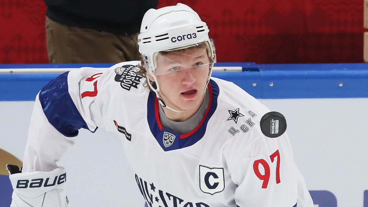 MOSCOW, RUSSIA - JANUARY 19, 2020: Tarasov Division's Kirill Kaprizov in a 2020 KHL All-Star Game semifinal match between the Tarasov Division team and the Kharlamov Division team at VTB Arena; the match consists of two periods of ten minutes; Tarasov Division won the semifinal match 8-6. Sergei Savostyanov/TASS
