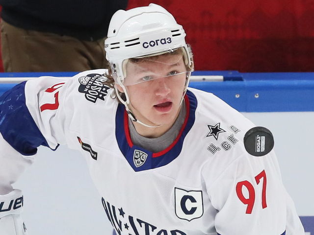 MOSCOW, RUSSIA - JANUARY 19, 2020: Tarasov Division's Kirill Kaprizov in a 2020 KHL All-Star Game semifinal match between the Tarasov Division team and the Kharlamov Division team at VTB Arena; the match consists of two periods of ten minutes; Tarasov Division won the semifinal match 8-6. Sergei Savostyanov/TASS