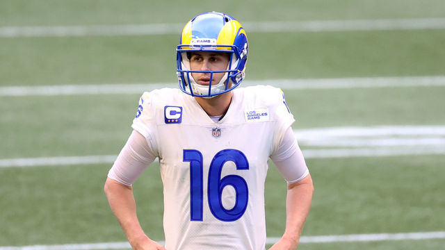 SEATTLE, WASHINGTON - DECEMBER 27: Jared Goff #16 of the Los Angeles Rams looks on in the third quarter against the Seattle Seahawks at Lumen Field on December 27, 2020 in Seattle, Washington.